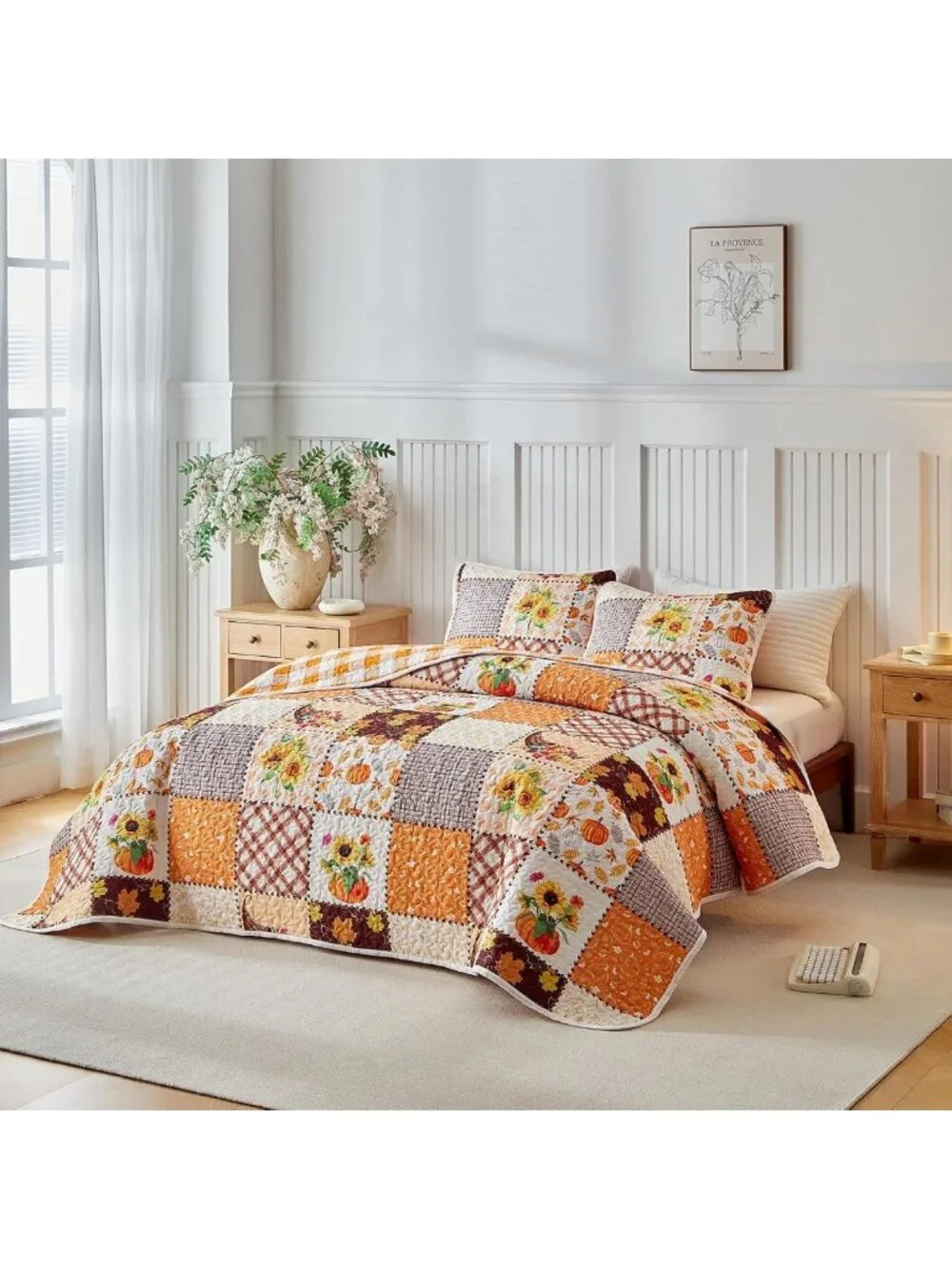 Autumn Harvest Patchwork Quilt Set - 2 Pieces Queen Size, Pumpkin Sunflower